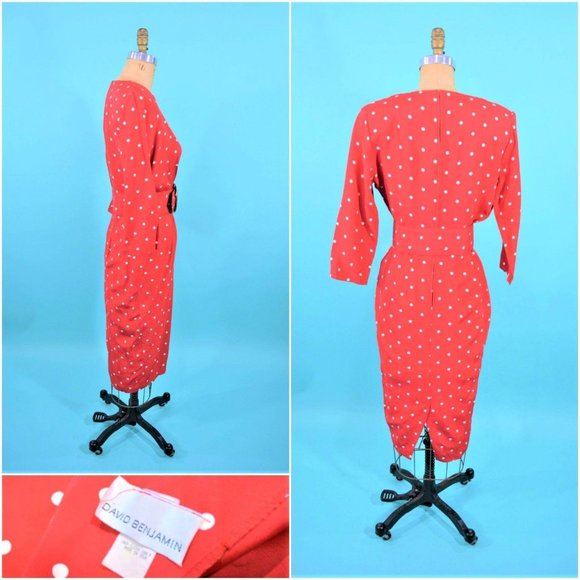 Vintage 1980s Wiggle Dress 50s Style Red Polka Dot Pinup Hourglass W 27" - Picture 5 of 5